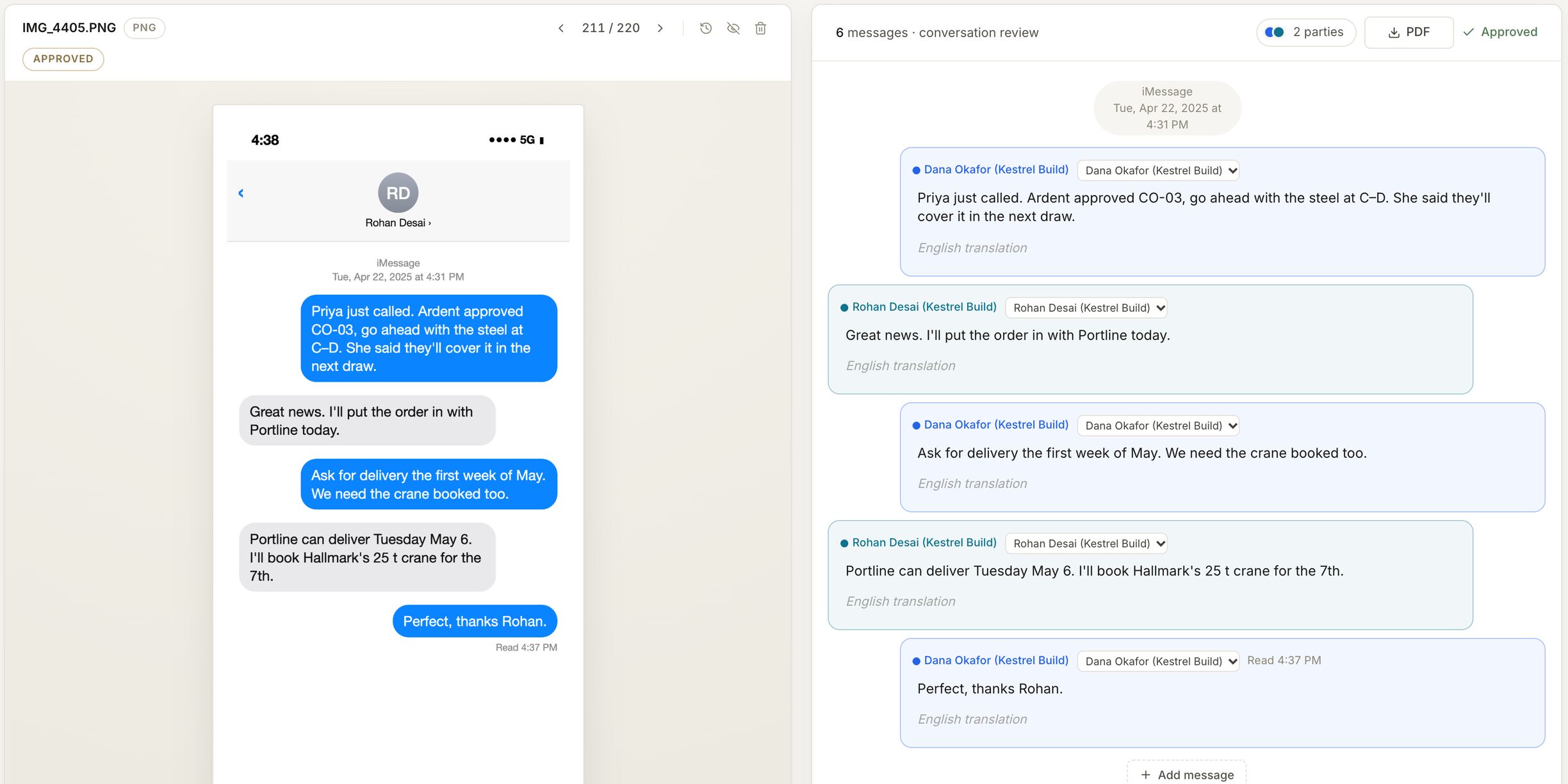 Trialstar review screen: an iMessage screenshot rebuilt as a conversation, with each sender and timestamp