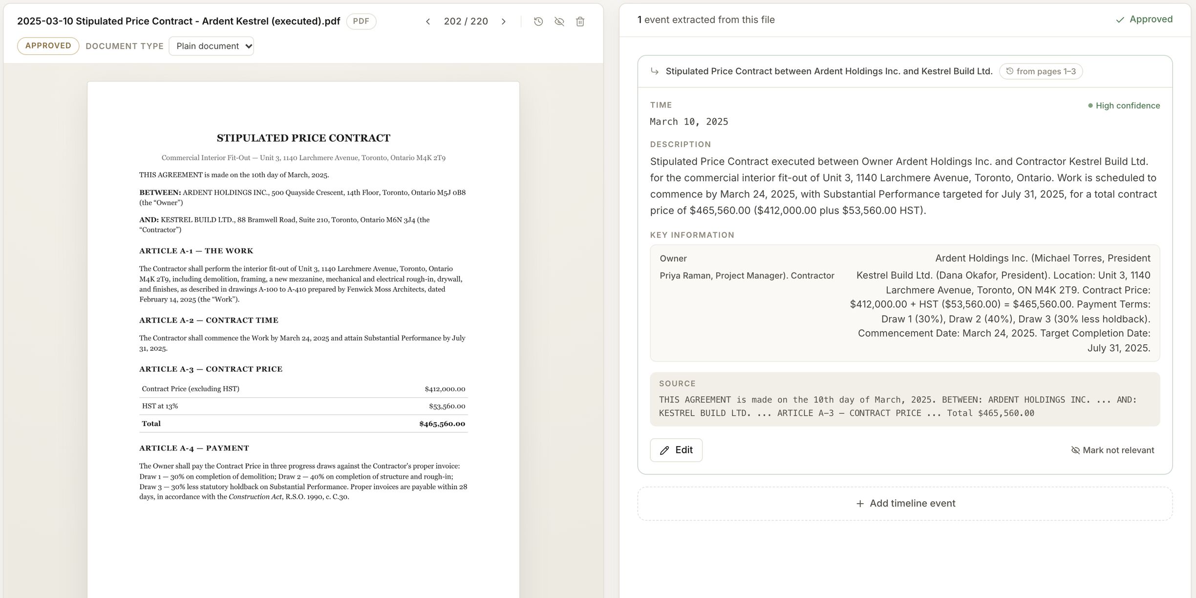 Trialstar review screen: a three-page construction contract beside its extracted date, parties, price, and payment terms